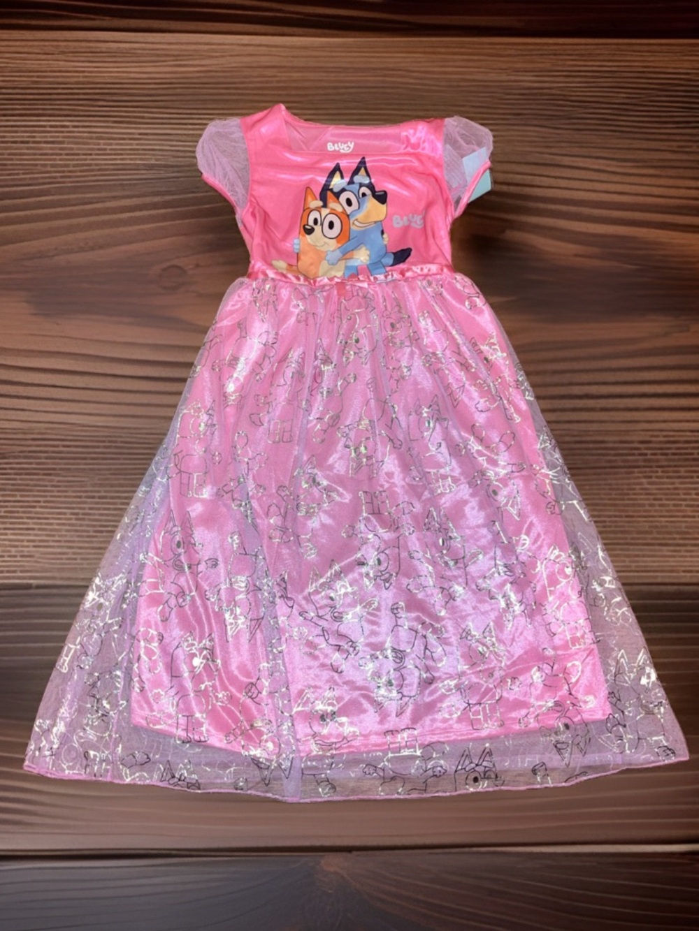 Bluey Pink Tulle W/Bluey Characters On Short Sleeves Nightgown/ Playtime Costume